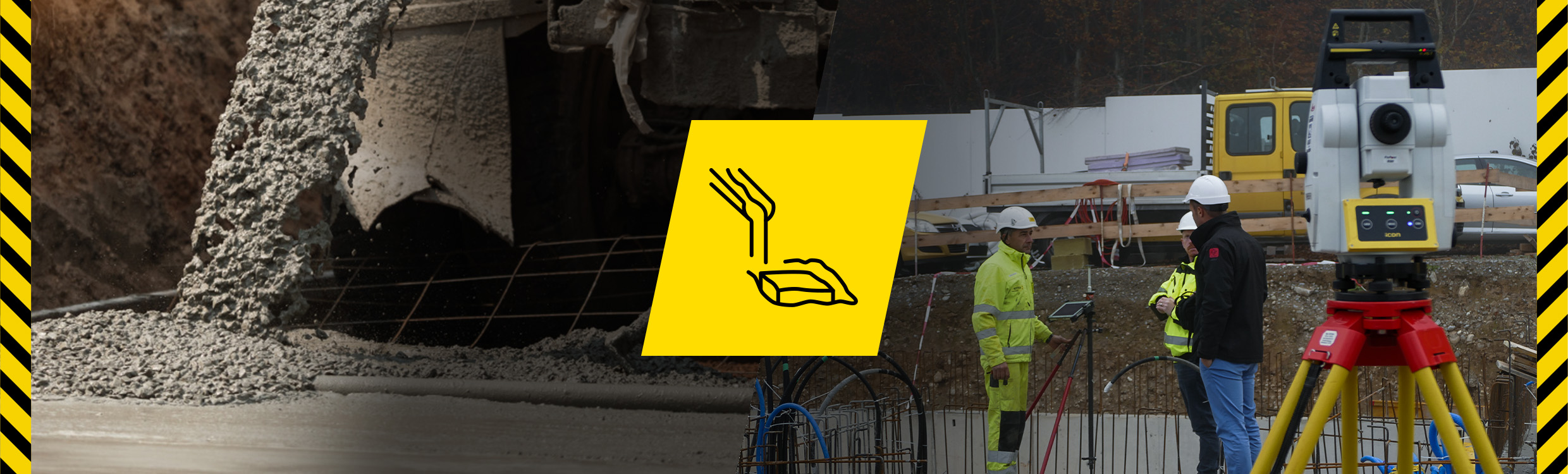 Leica iCON build for foundations, showing concrete being poured on a reinforced steal frame and two construction workers behind a Leica iCON robotic total station.